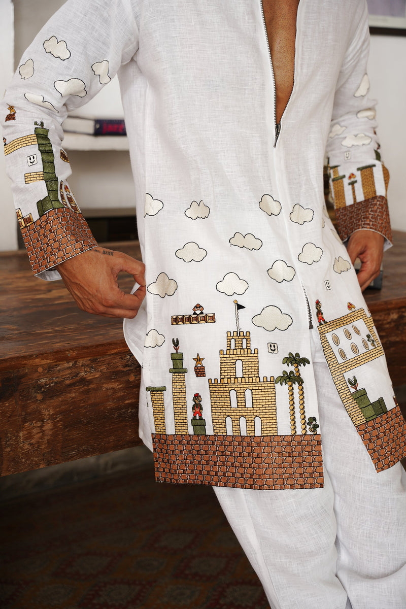 Anant Off White Linen Zipper Front Open Kurta Set