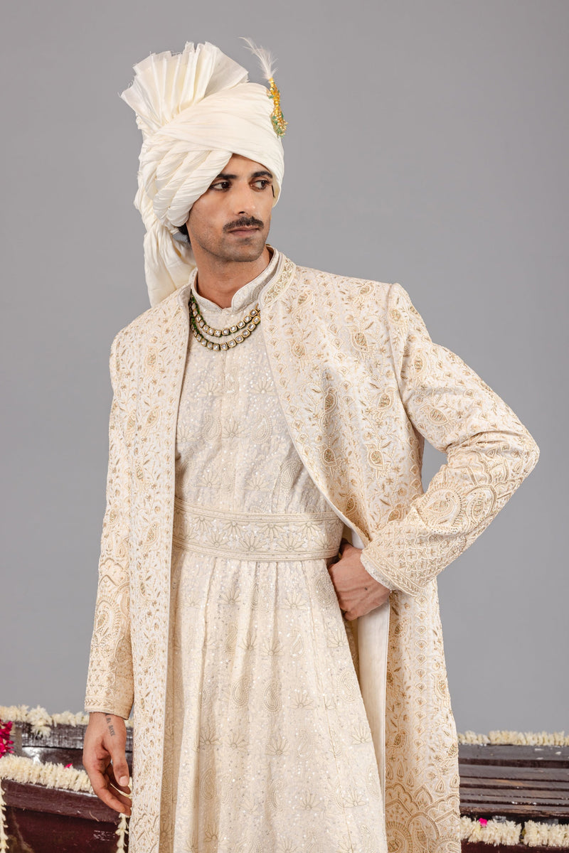 Sufi Sonchidiya Ivory Sherwani Set