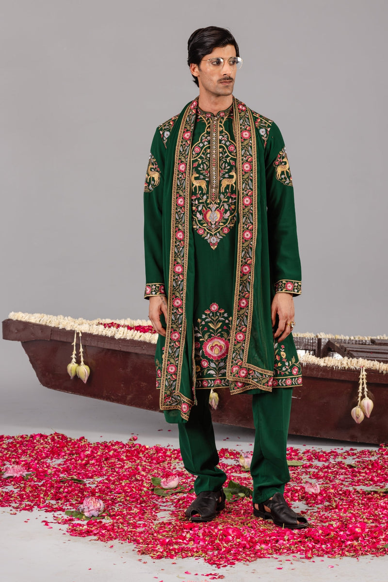 Jainam Vora in Deer Garden Bottle Green Kurta Set