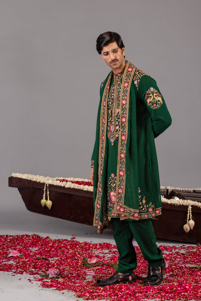 Jainam Vora in Deer Garden Bottle Green Kurta Set