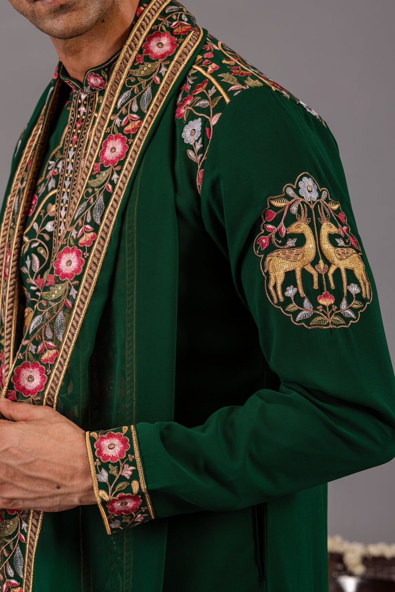 Jainam Vora in Deer Garden Bottle Green Kurta Set