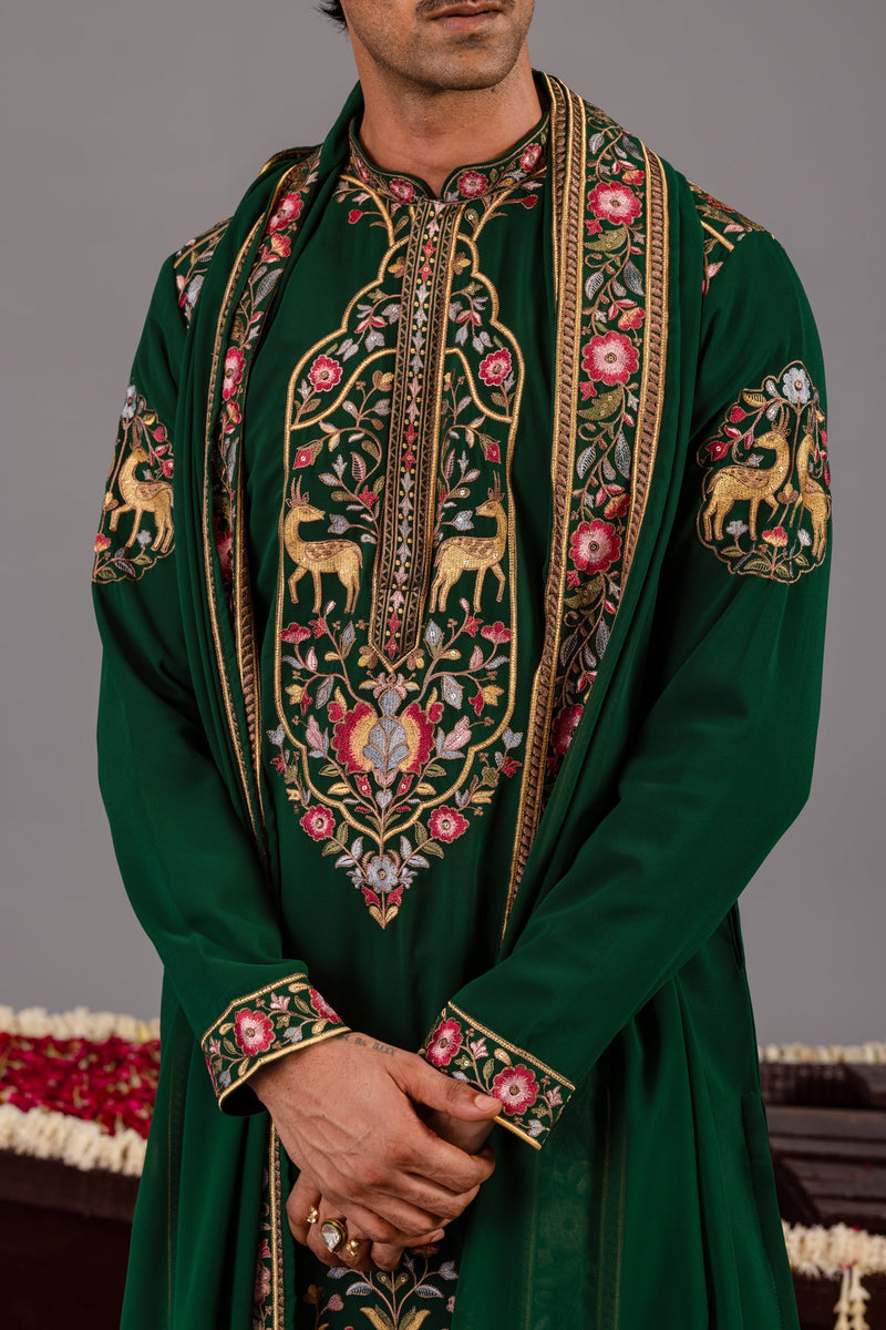Jainam Vora in Deer Garden Bottle Green Kurta Set