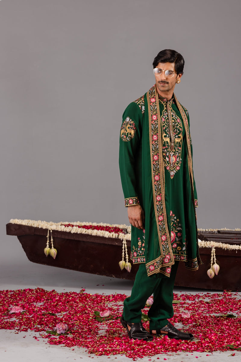 Jainam Vora in Deer Garden Bottle Green Kurta Set