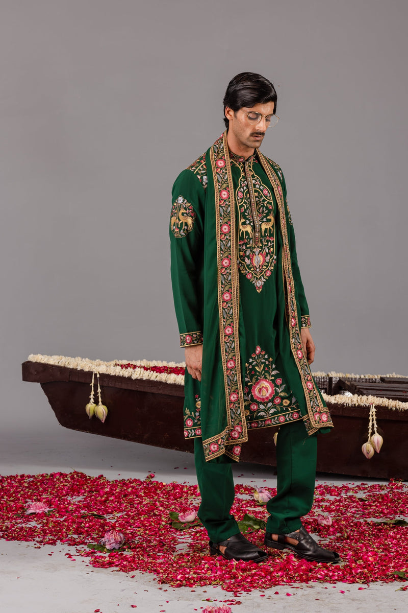 Jainam Vora in Deer Garden Bottle Green Kurta Set
