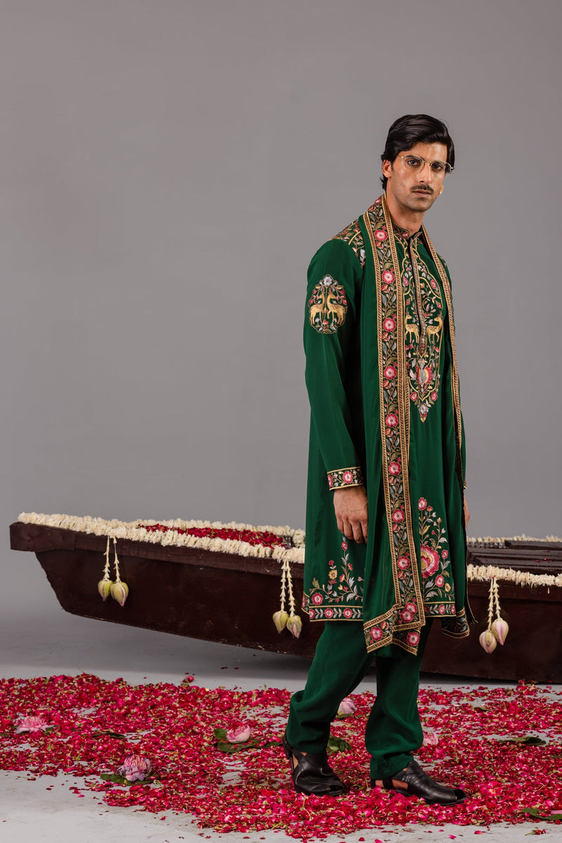 Jainam Vora in Deer Garden Bottle Green Kurta Set