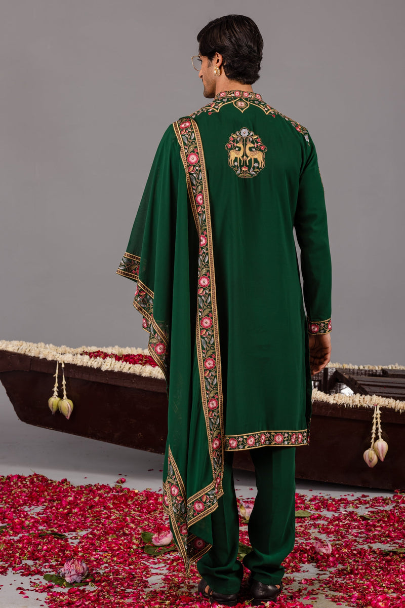 Jainam Vora in Deer Garden Bottle Green Kurta Set
