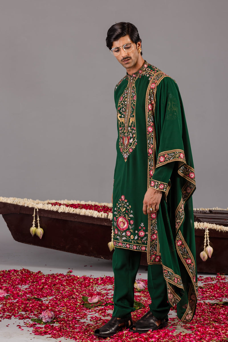 Jainam Vora in Deer Garden Bottle Green Kurta Set