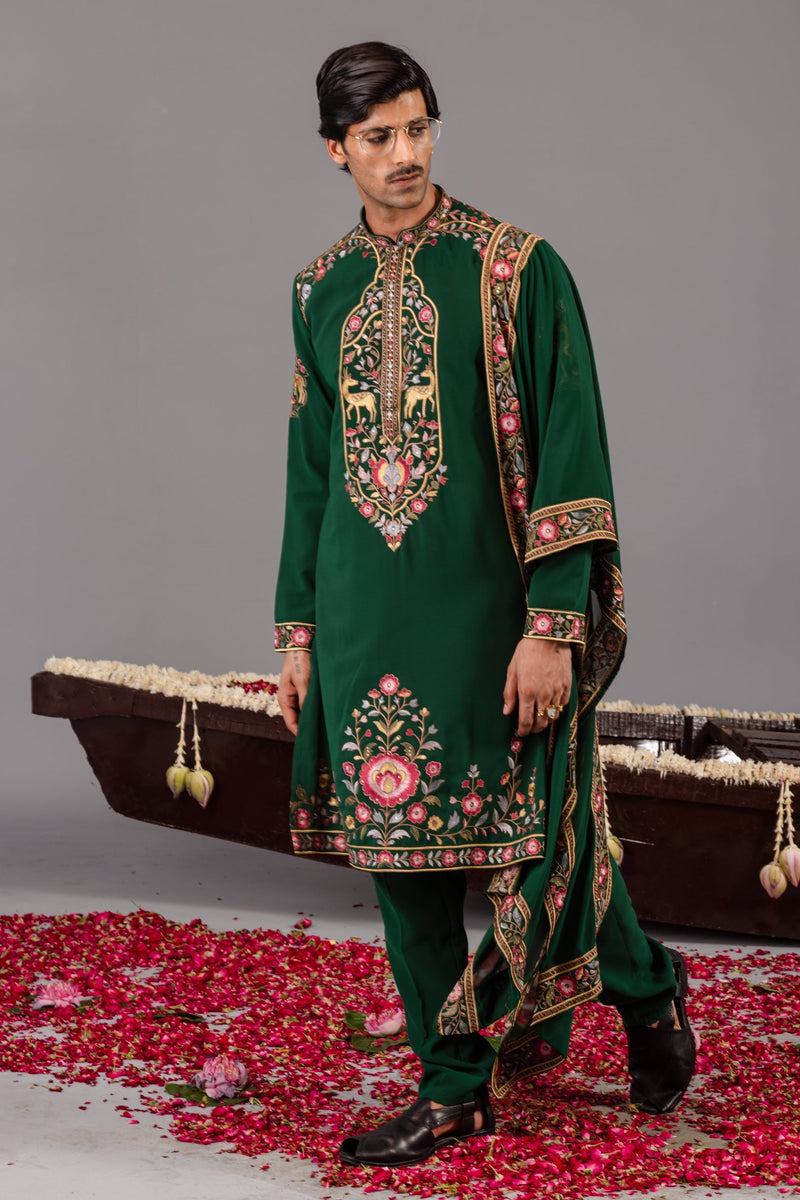 Deer Garden Bottle Green Kurta Set