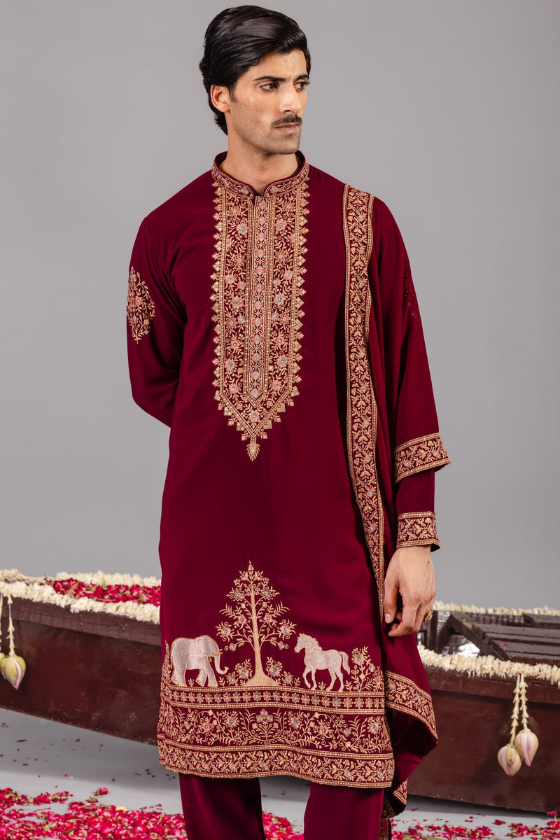 Chaar Kadam Wine Kurta Set