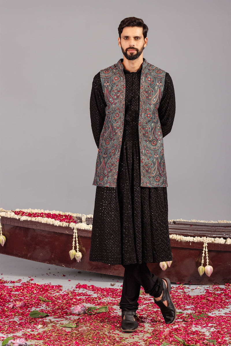 Kashmiri Mehendi Kurta Jacket Set