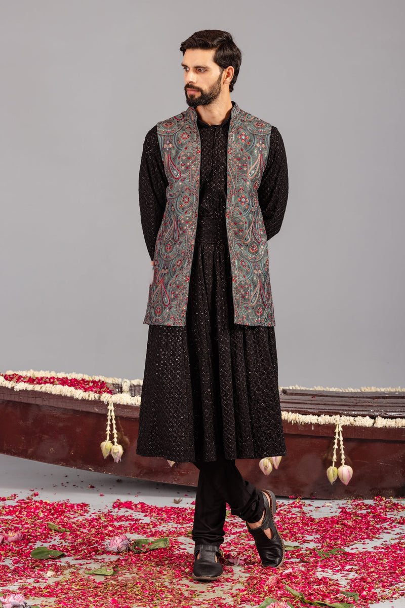 Kashmiri Mehendi Kurta Jacket Set