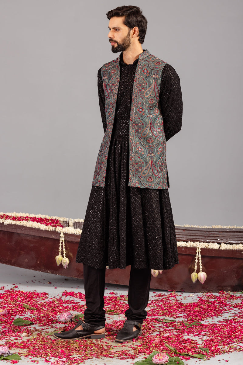 Kashmiri Mehendi Kurta Jacket Set