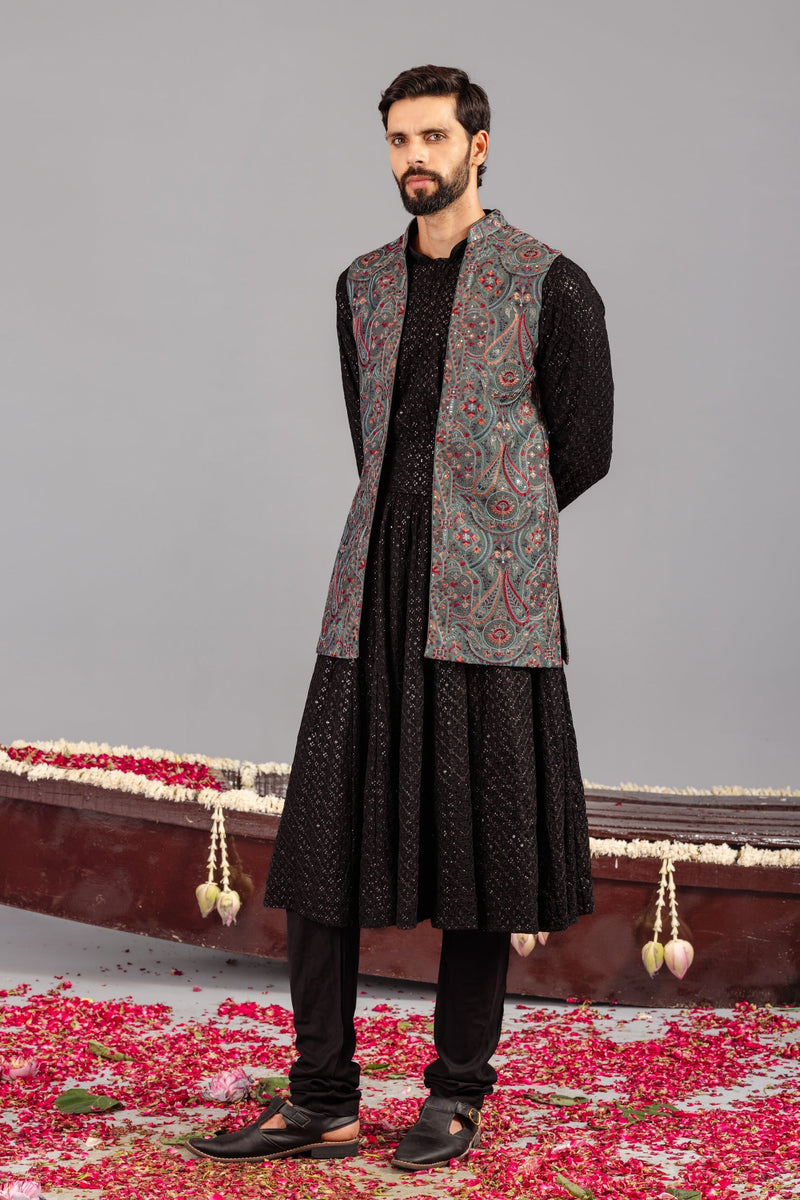 Kashmiri Mehendi Kurta Jacket Set