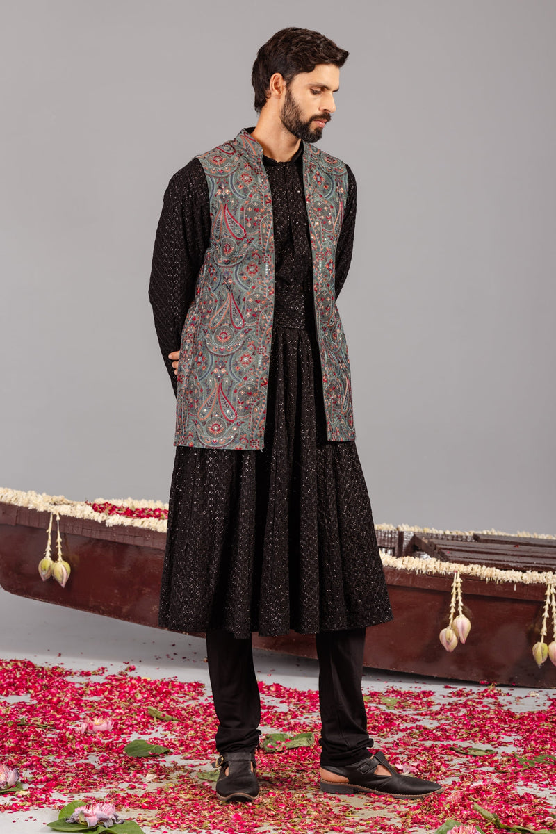 Kashmiri Mehendi Kurta Jacket Set