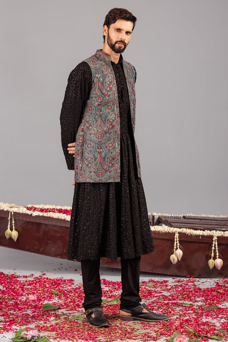 Kashmiri Mehendi Kurta Jacket Set