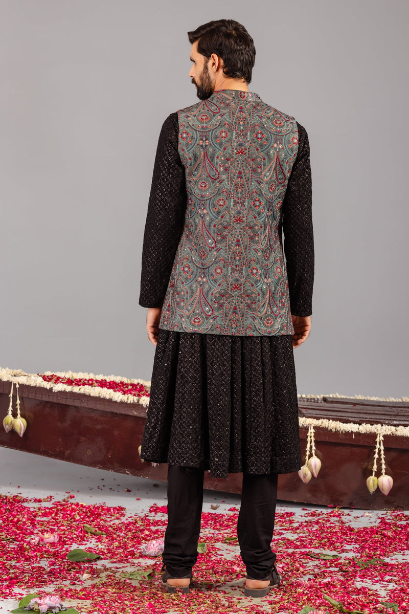 Kashmiri Mehendi Kurta Jacket Set