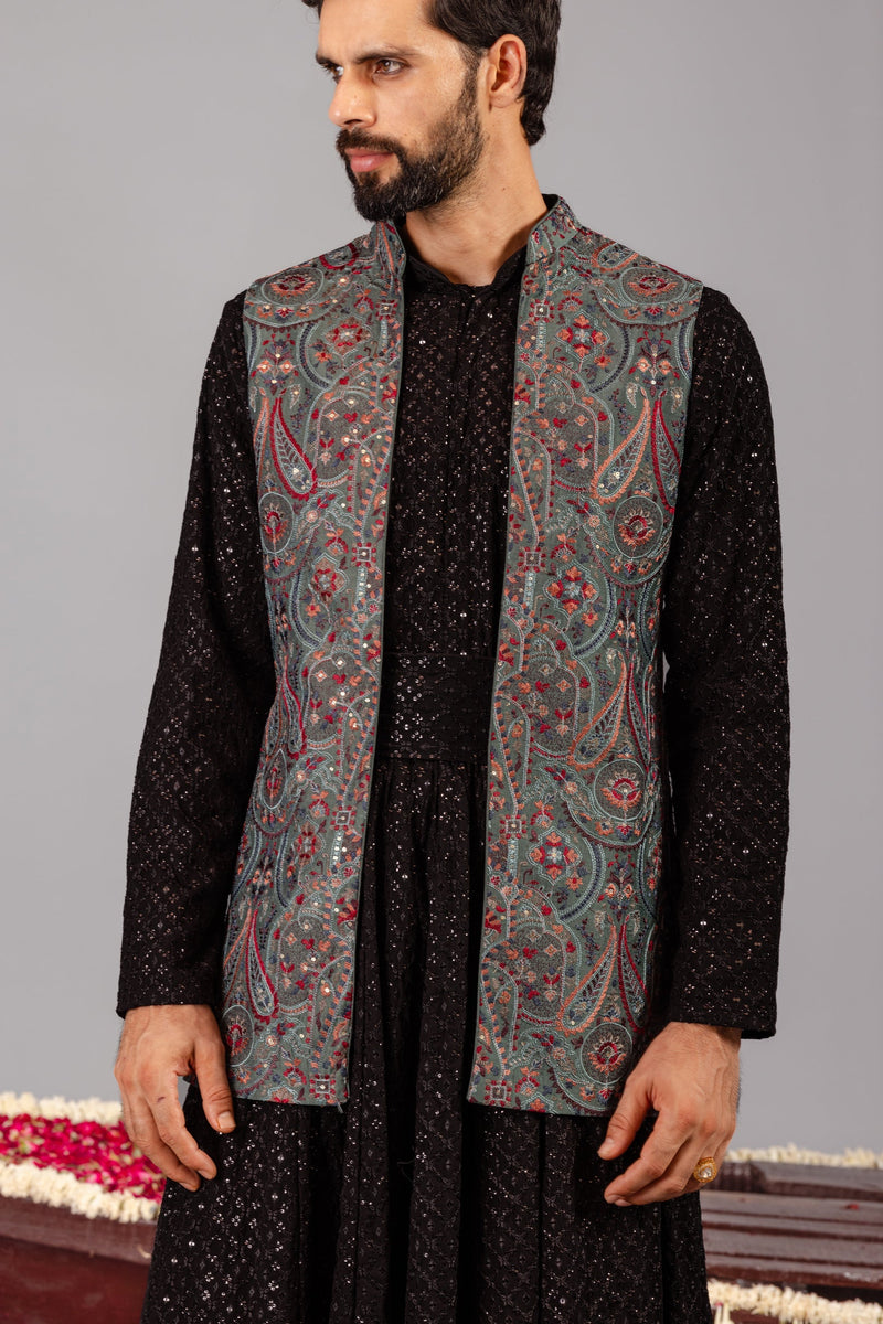 Kashmiri Mehendi Kurta Jacket Set
