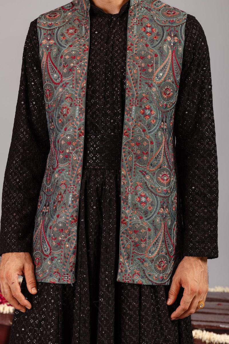 Kashmiri Mehendi Kurta Jacket Set