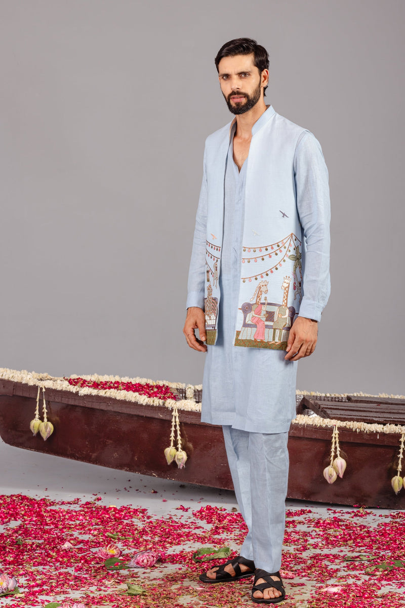 Carnival Sky Blue Front Open Kurta Jacket Set