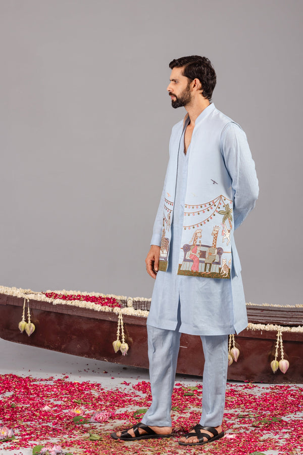 Carnival Sky Blue Front Open Kurta Jacket Set