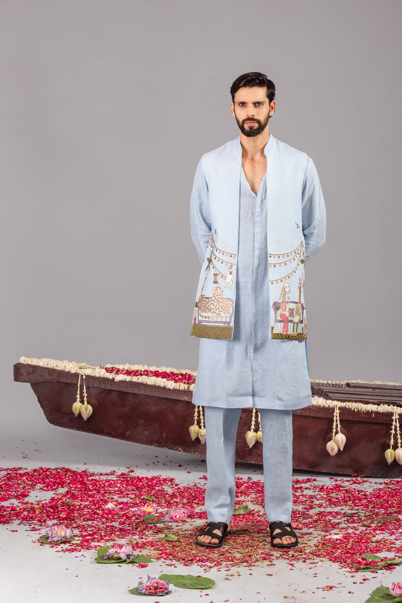 Carnival Sky Blue Front Open Kurta Jacket Set