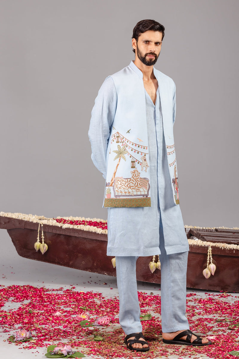 Carnival Sky Blue Front Open Kurta Jacket Set