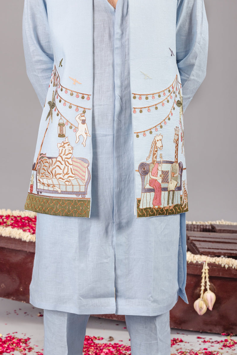 Carnival Sky Blue Front Open Kurta Jacket Set