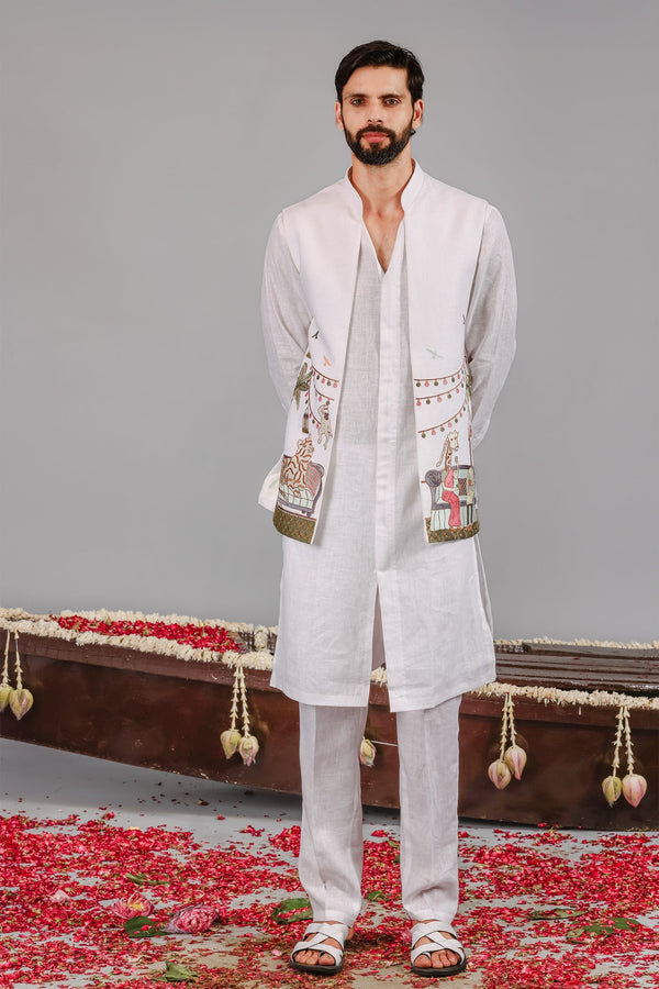 Carnival White Front Open Kurta Jacket Set