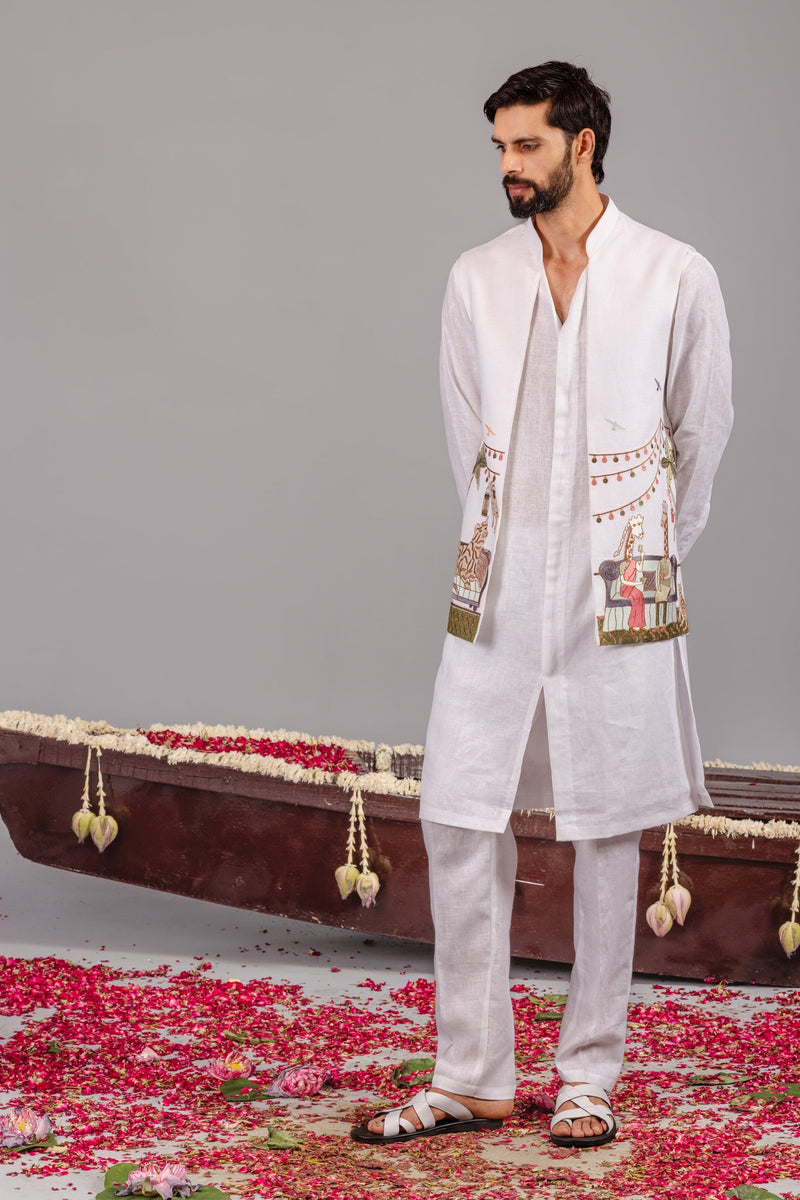 Carnival White Front Open Kurta Jacket Set