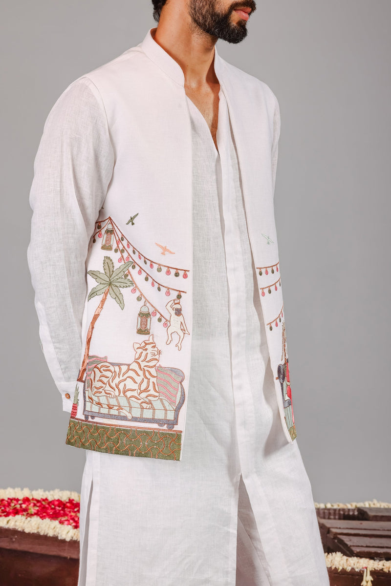 Carnival White Front Open Kurta Jacket Set