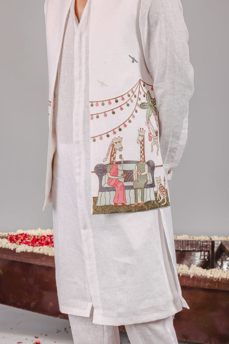 Carnival White Front Open Kurta Jacket Set