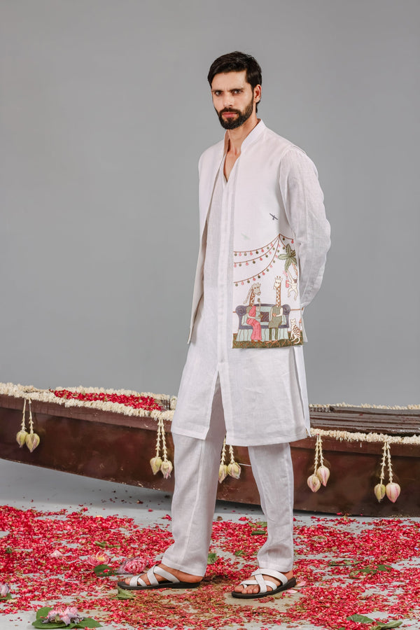 Carnival White Front Open Kurta Jacket Set