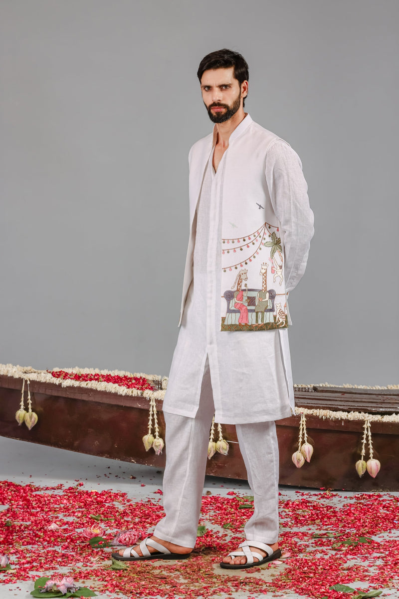 Carnival White Front Open Kurta Jacket Set