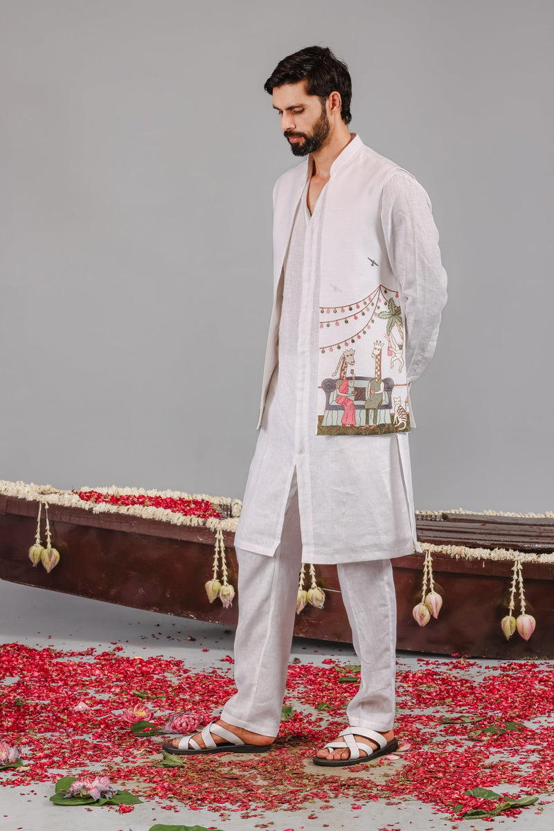 Carnival White Front Open Kurta Jacket Set