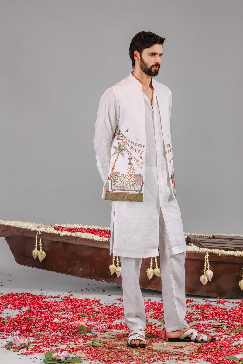 Carnival White Front Open Kurta Jacket Set