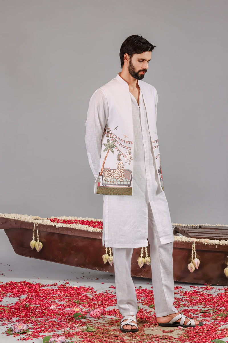 Carnival White Front Open Kurta Jacket Set