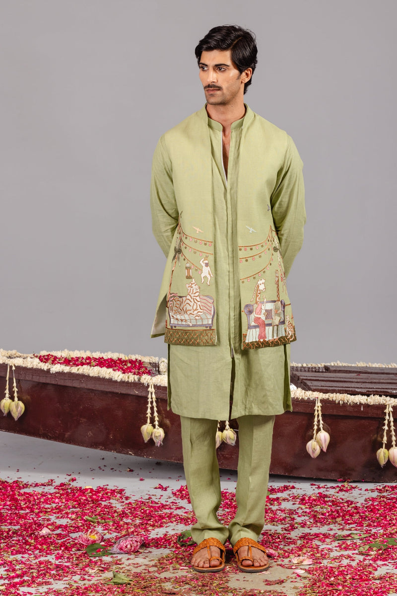 Carnival Green Front Open Kurta Jacket Set