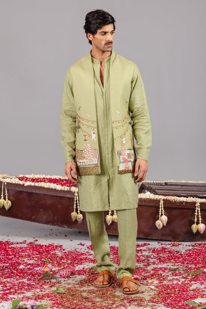 Carnival Green Front Open Kurta Jacket Set