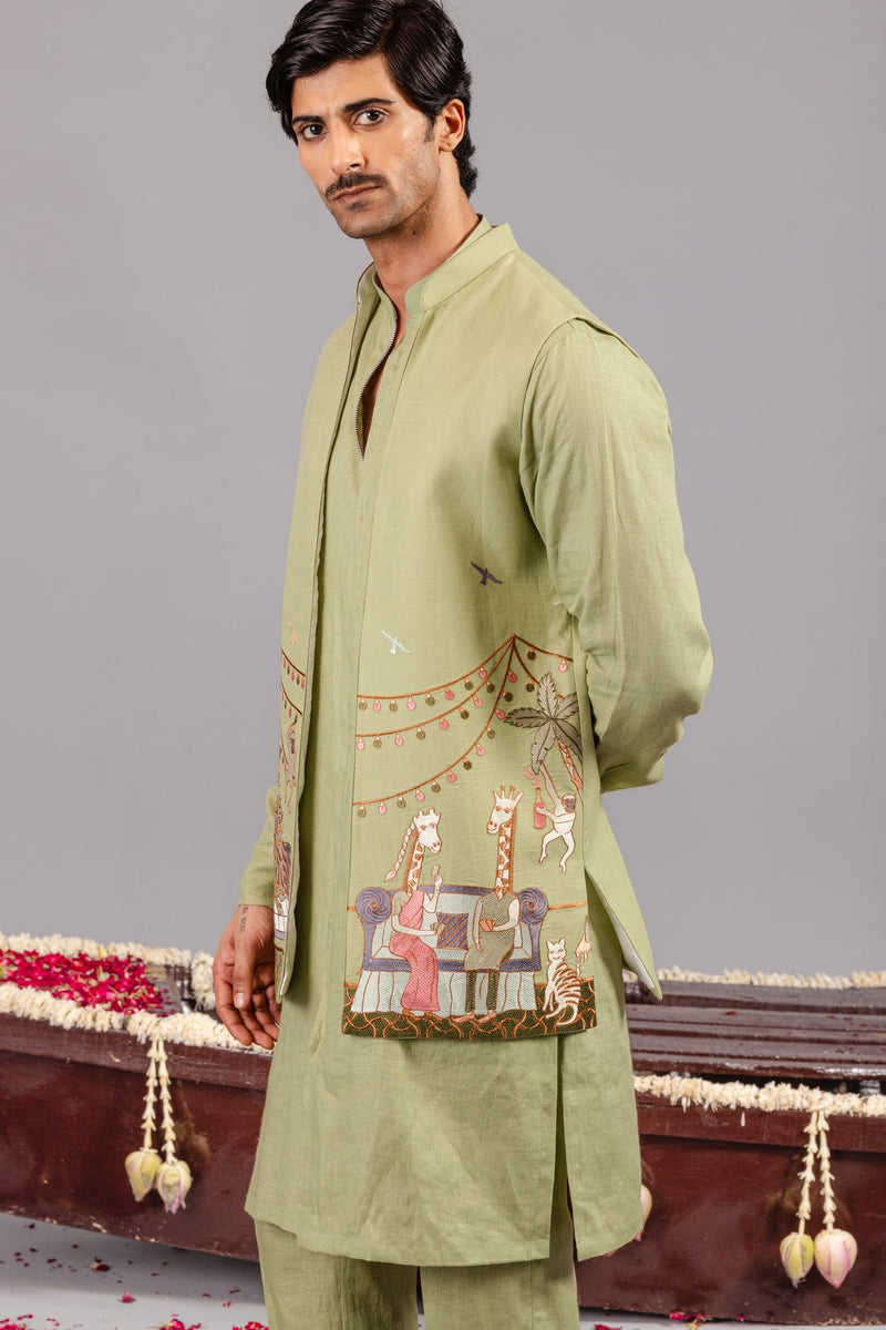 Carnival Green Front Open Kurta Jacket Set