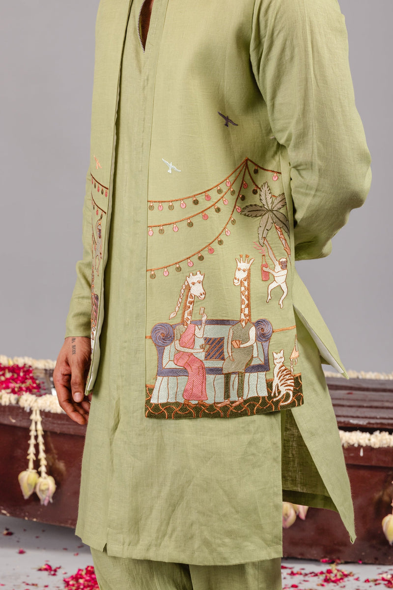 Carnival Green Front Open Kurta Jacket Set