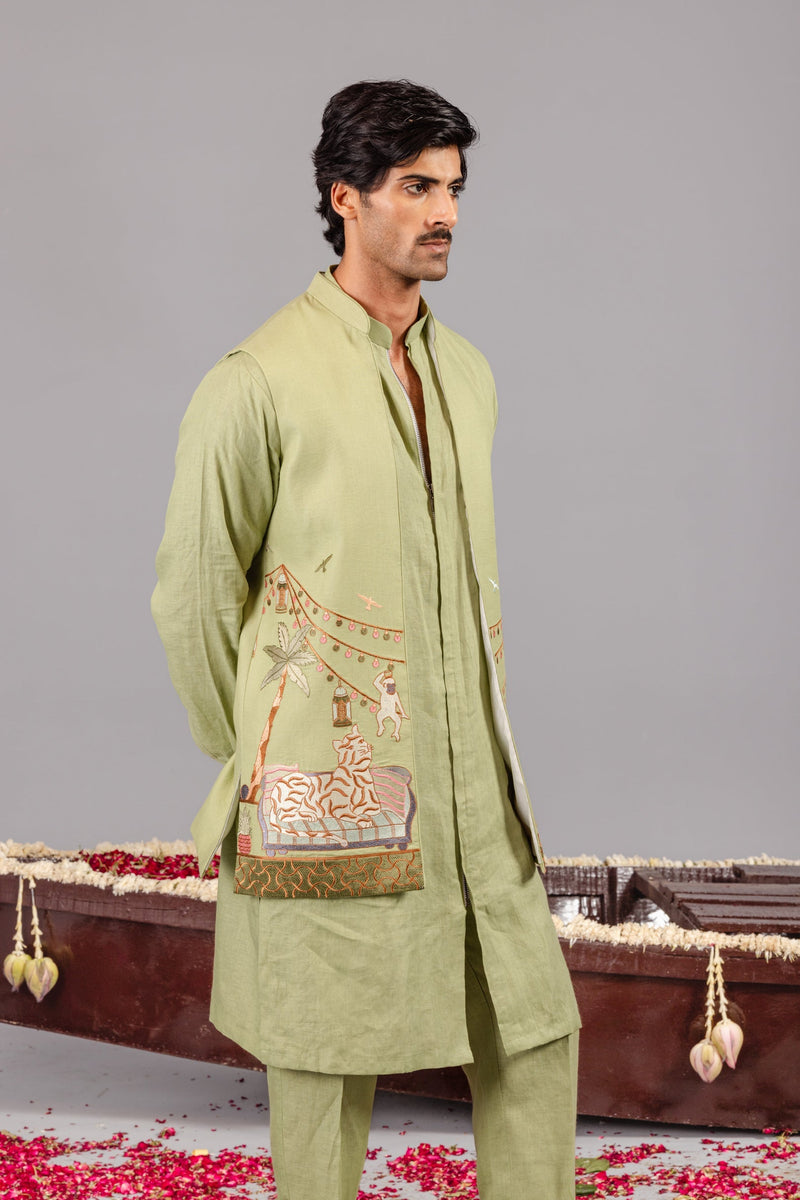 Carnival Green Front Open Kurta Jacket Set