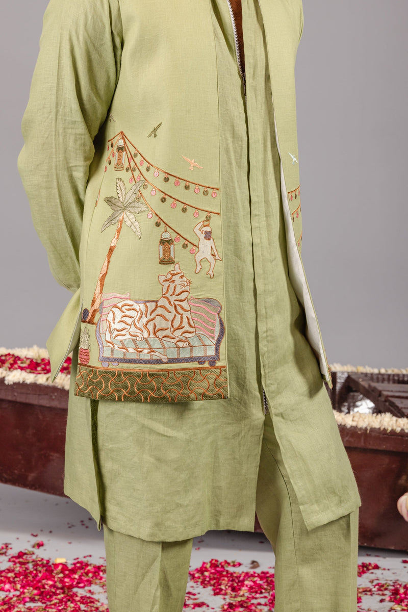 Carnival Green Front Open Kurta Jacket Set