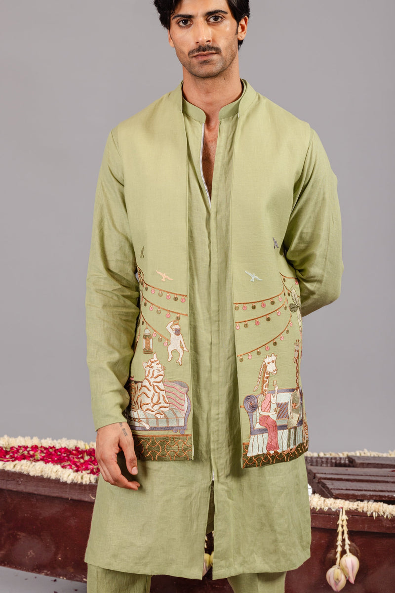 Carnival Green Front Open Kurta Jacket Set