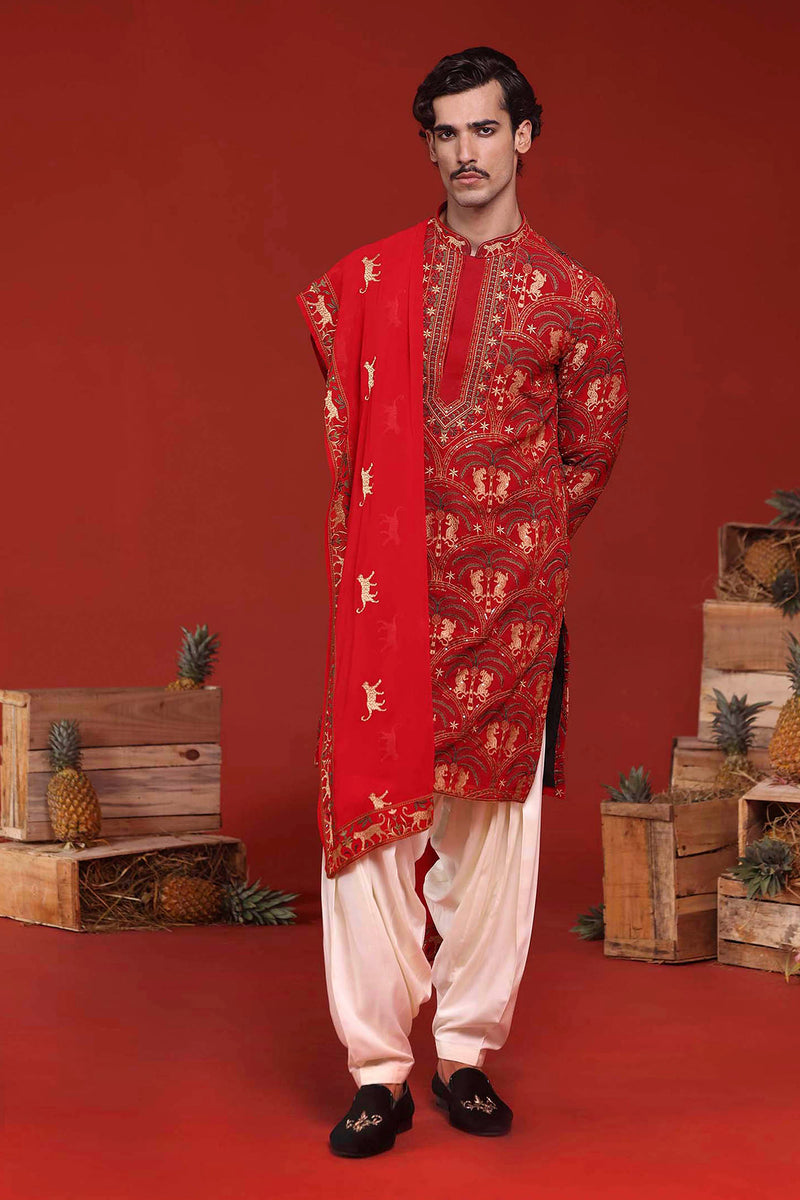 𝐔𝐬𝐦𝐚𝐧 𝐆𝐚𝐧𝐢 in Shikhar Maroon Kurta Set