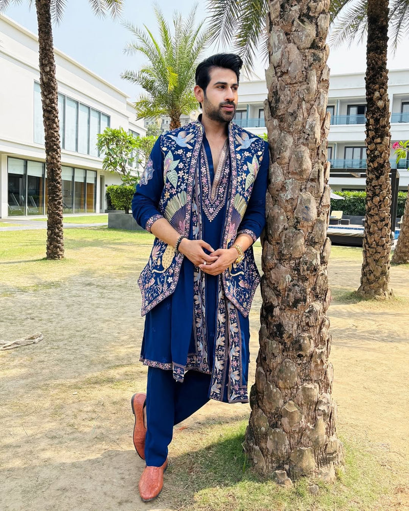 Aayushman Aman Maheshwari in Faiz Wild Grace Navy Blue Kurta Jacket Set