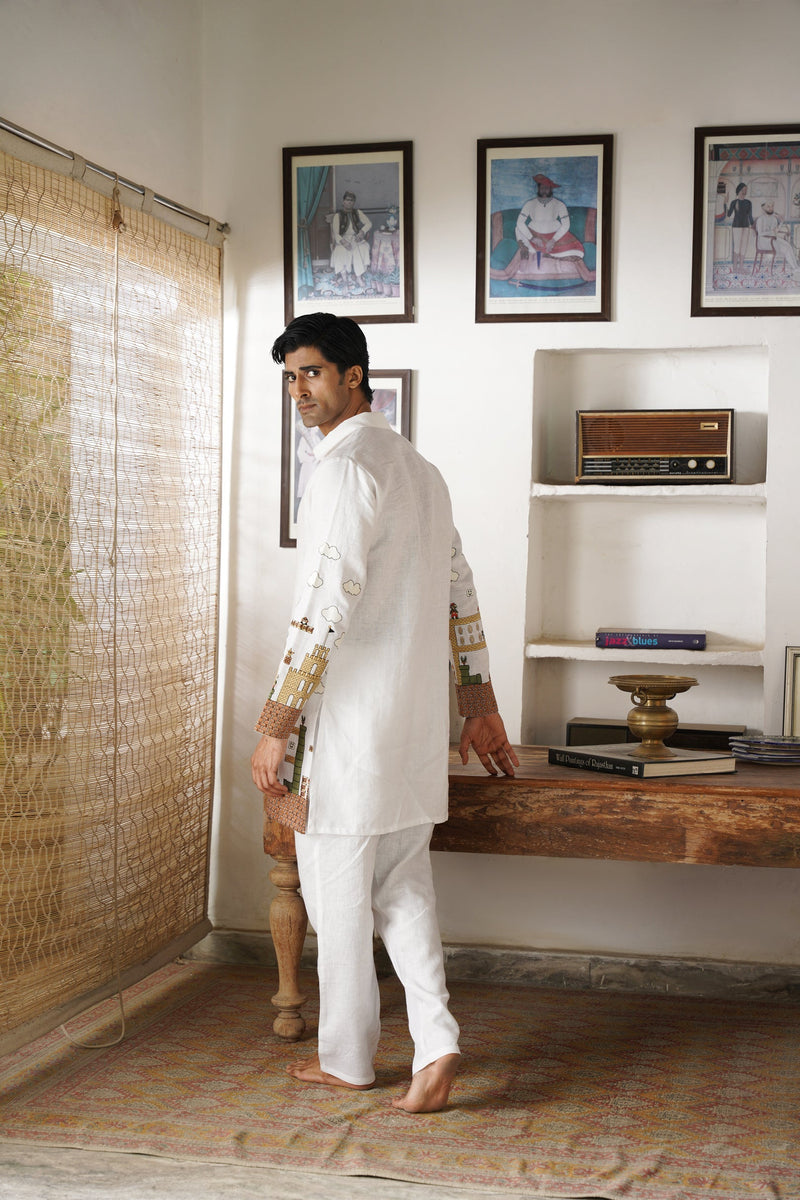 Anant Off White Linen Zipper Front Open Kurta Set