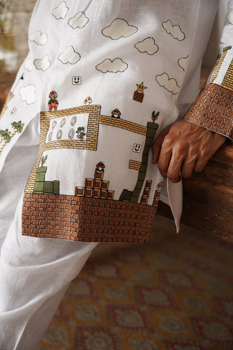 Anant Off White Linen Zipper Front Open Kurta Set