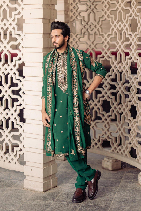 Sagar Parekh in Azan Pichwai Zari Bottle Green Kurta Jacket Set