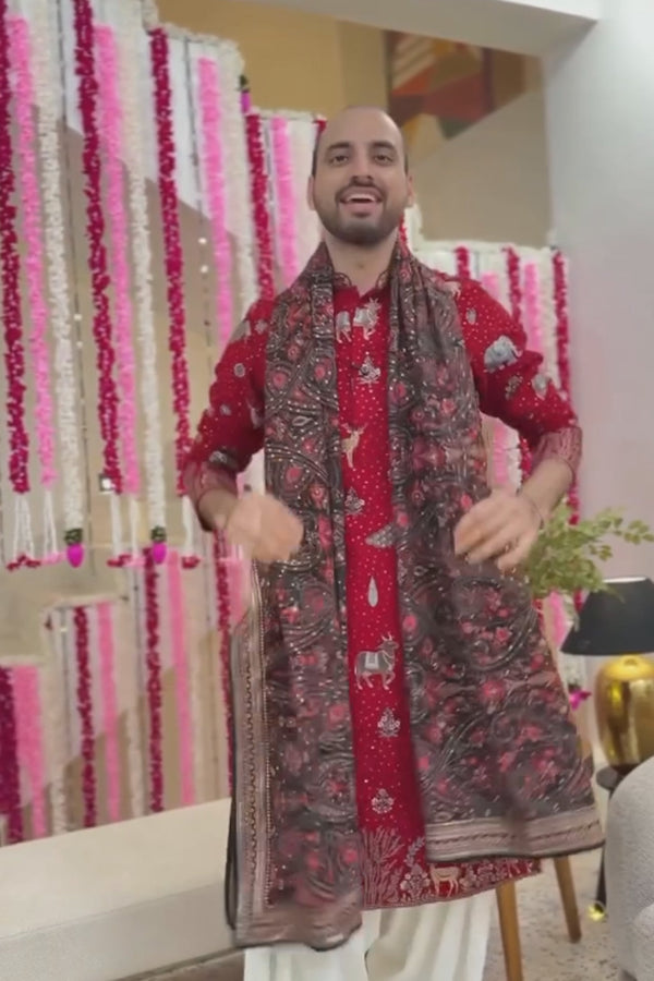 Devansh Kamboj in Tanmay Bhat in PICHWAI RED DHOTI KURTA SET