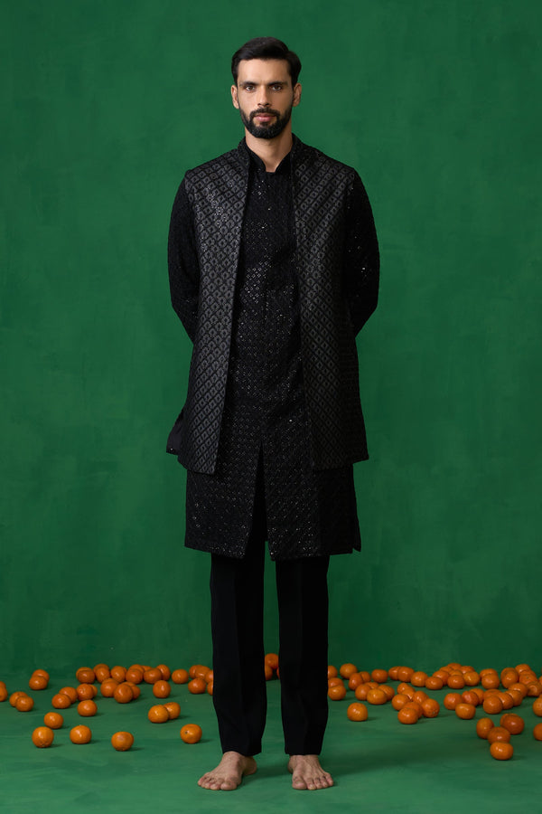 EMBROIDERED BLACK KURTA JACKET SET